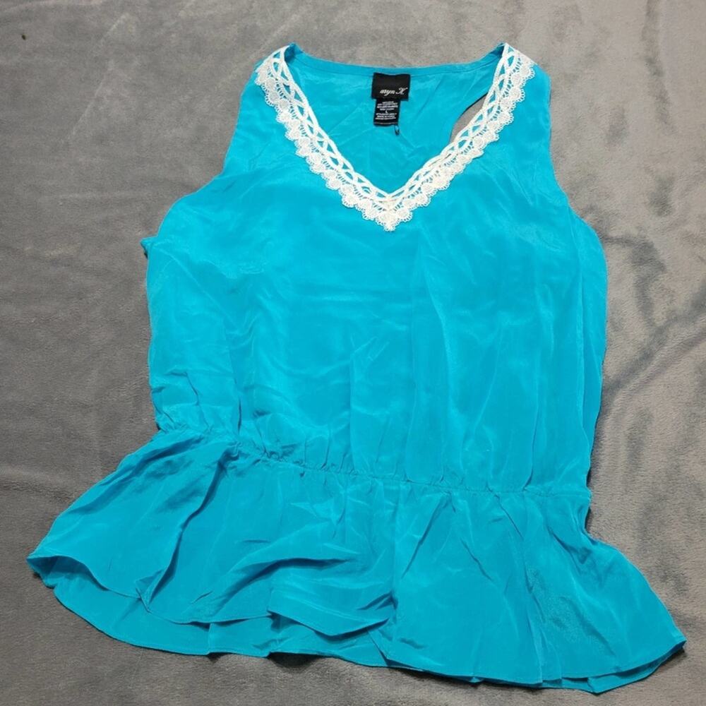 Aryn K Shirt Womens Size Large Silk Teal Lace V Neck Sleeveless Blue Blouse Top